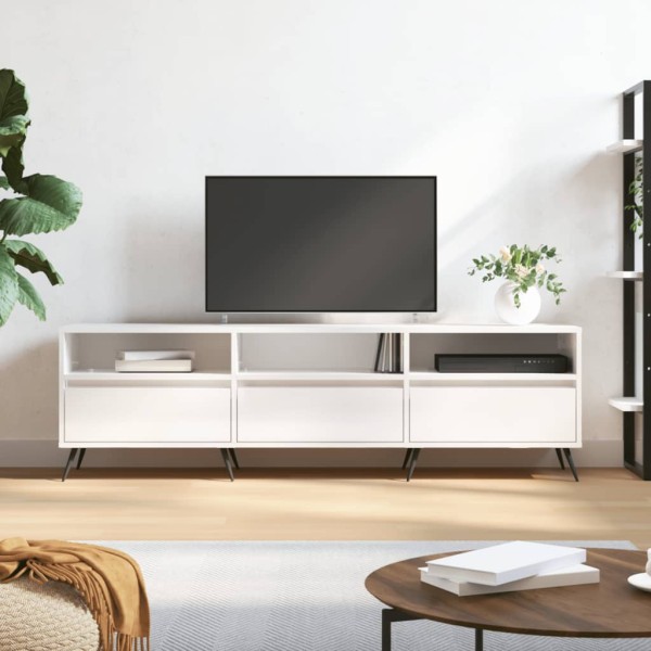Mueble de TV madera contrachapada blanco brillo 150x30x44,5 cm Mueble de TV madera contrachapada blanco brillo 150x30x44,5 cm