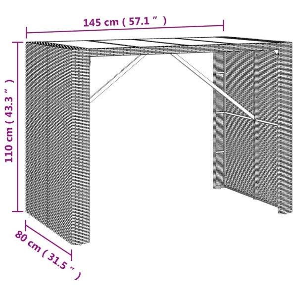 Mesa alta bar superficie vidrio ratán PE marrón 145x80x110 cm Mesa alta bar superficie vidrio ratán PE marrón 145x80x110 cm