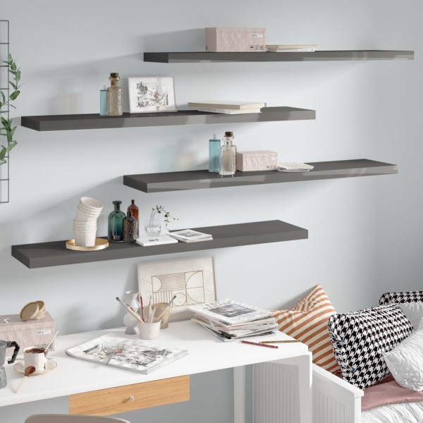 Estante flotante de pared 4 uds MDF gris brillo 120x23,5x3,8 cm Estante flotante de pared 4 uds MDF gris brillo 120x23,5x3,8 cm
