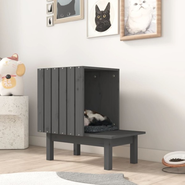 Casa para gatos de madera maciza de pino gris 60x36x60 cm Casa para gatos de madera maciza de pino gris 60x36x60 cm