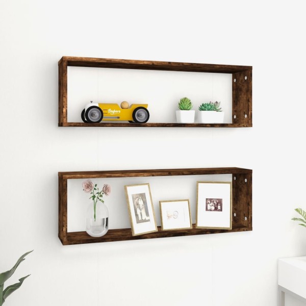 Estante cúbico de pared 2 uds madera roble ahumado 80x15x26,5cm Estante cúbico de pared 2 uds madera roble ahumado 80x15x26,5cm