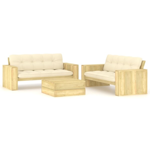Set de sofás jardín 3 piezas con cojines madera pino impregnada