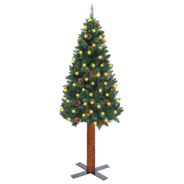 Árbol de Navidad delgado madera auténtica y piñas verde 210 cm Árbol de Navidad delgado madera auténtica y piñas verde 210 cm