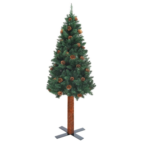 Árbol de Navidad delgado madera auténtica y piñas verde 210 cm Árbol de Navidad delgado madera auténtica y piñas verde 210 cm