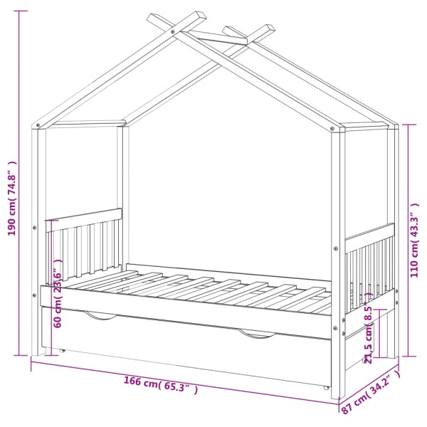 Estructura cama infantil con cajón madera pino maciza 80x160 cm