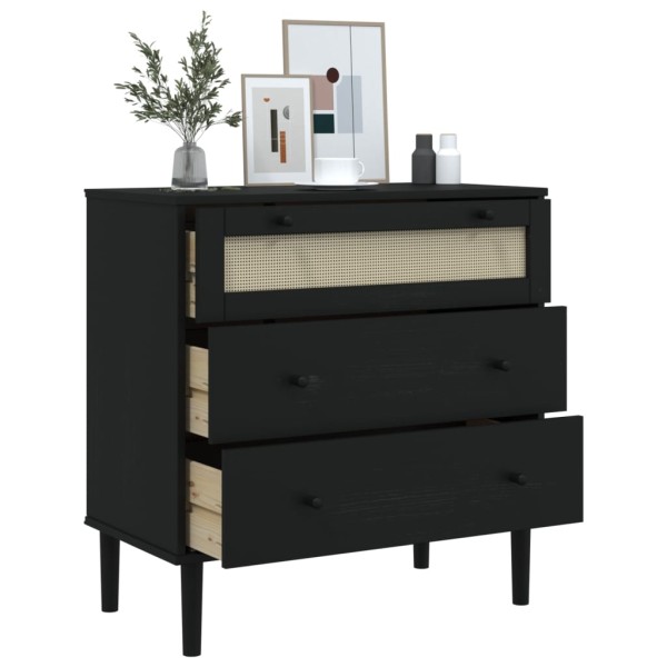 Cómoda SENJA aspecto ratán madera maciza pino negro 80x40x80cm