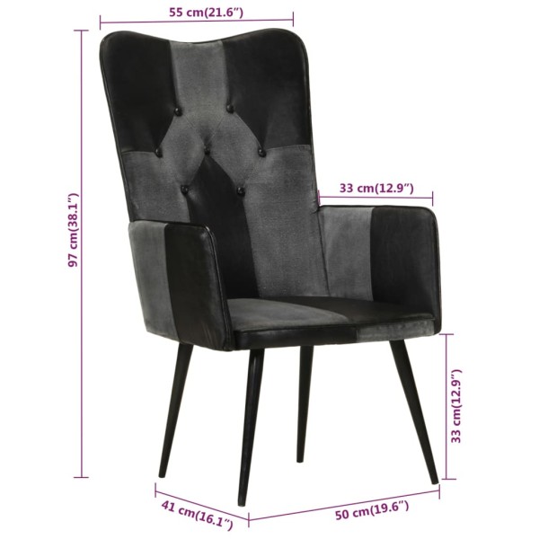 Sillón orejero cuero auténtico negro y gris Sillón orejero cuero auténtico negro y gris