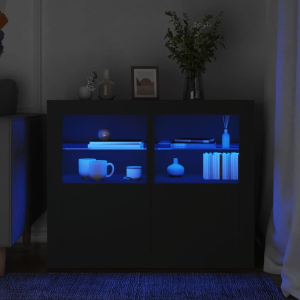 Mesitas de noche con luces LED 2 uds madera ingeniería negra Mesitas de noche con luces LED 2 uds madera ingeniería negra