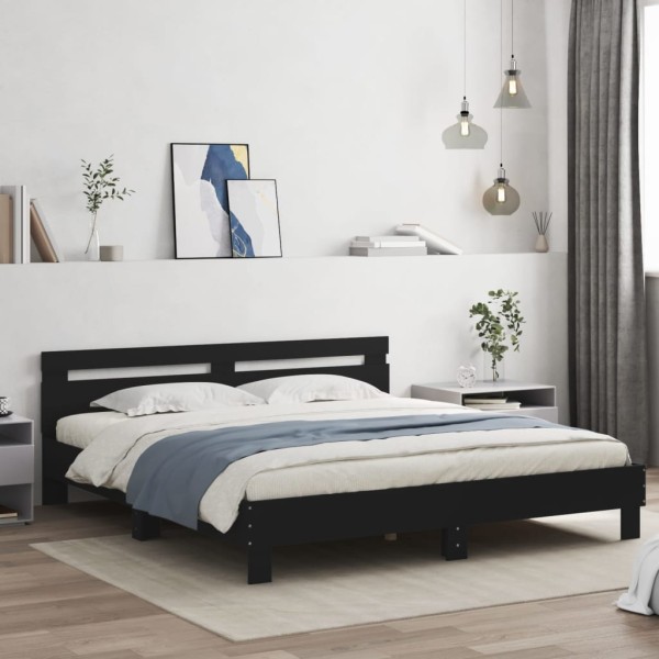 Estructura de cama cabecero y luces LED negra160x200 cm Estructura de cama cabecero y luces LED negra160x200 cm