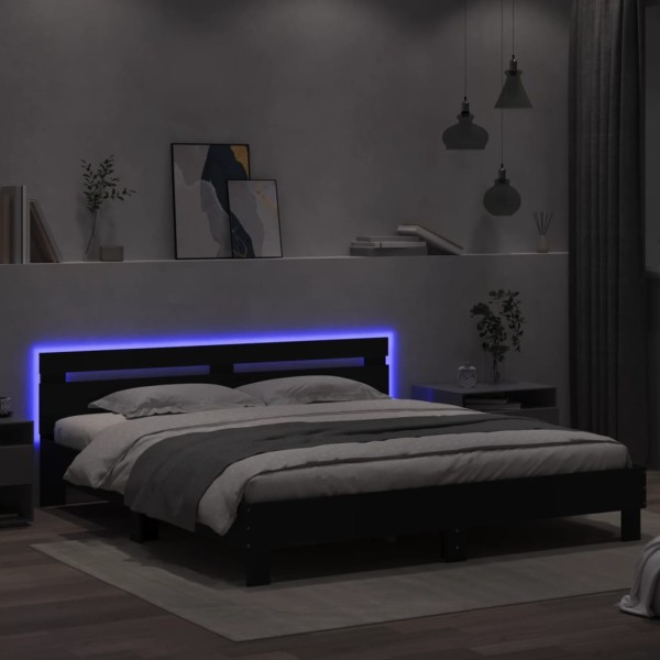 Estructura de cama cabecero y luces LED negra160x200 cm Estructura de cama cabecero y luces LED negra160x200 cm