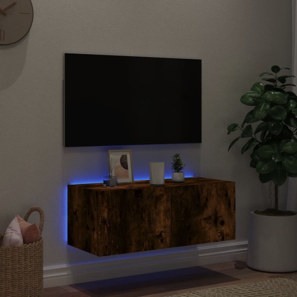 Mueble de TV de pared con luces LED roble ahumado 80x35x31 cm Mueble de TV de pared con luces LED roble ahumado 80x35x31 cm