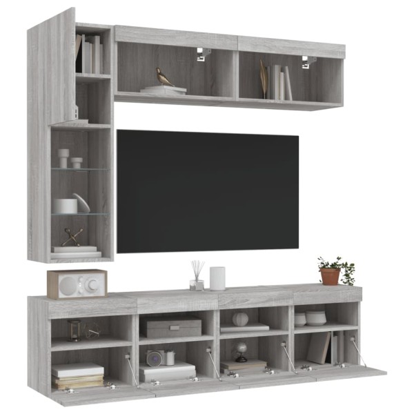 Muebles de TV de pared con luces LED 7 piezas gris sonoma Muebles de TV de pared con luces LED 7 piezas gris sonoma