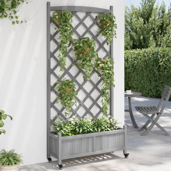 Jardinera con enrejado y ruedas madera maciza de abeto gris Jardinera con enrejado y ruedas madera maciza de abeto gris