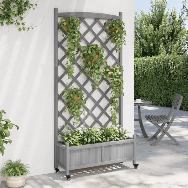 Jardinera con enrejado y ruedas madera maciza de abeto gris Jardinera con enrejado y ruedas madera maciza de abeto gris