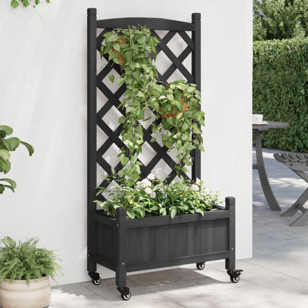 Jardinera con enrejado y ruedas madera maciza de abeto negro Jardinera con enrejado y ruedas madera maciza de abeto negro