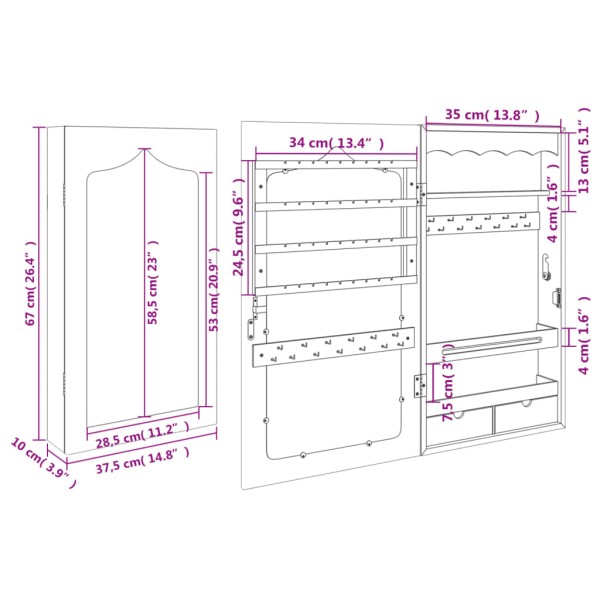 Espejo con joyero de pared blanco 37,5x10x67 cm Espejo con joyero de pared blanco 37,5x10x67 cm