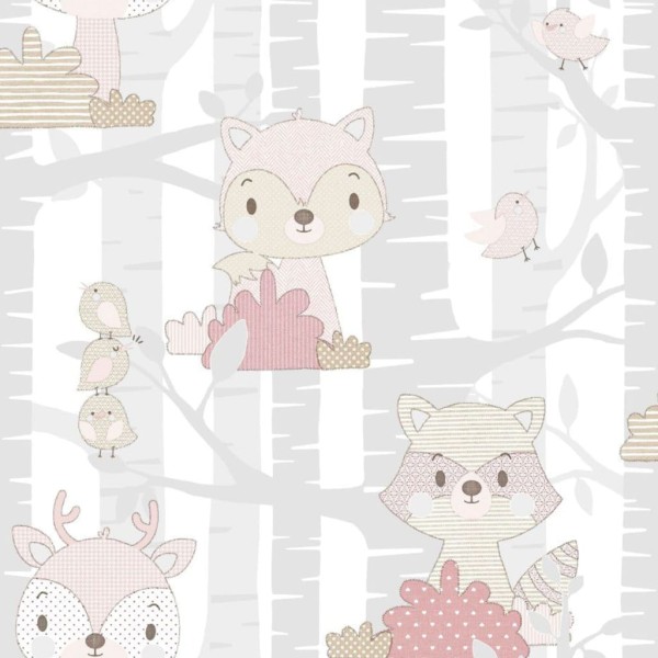 Noordwand Papel pintado Mondo baby Forest Animals gris y rosa Noordwand Papel pintado Mondo baby Forest Animals gris y rosa