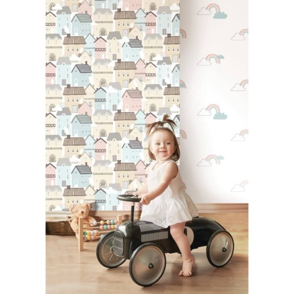 Noordwand Papel pintado Mondo baby Clouds blanco, azul y rosa Noordwand Papel pintado Mondo baby Clouds blanco, azul y rosa