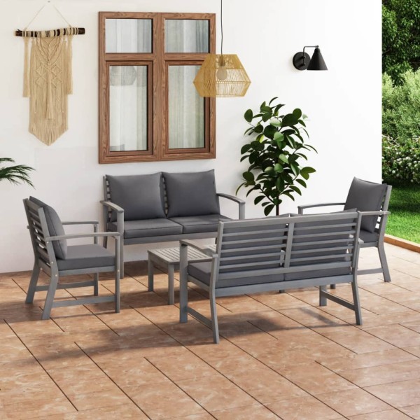 Muebles de jardín 5 pzas cojines gris madera maciza de acacia Muebles de jardín 5 pzas cojines gris madera maciza de acacia