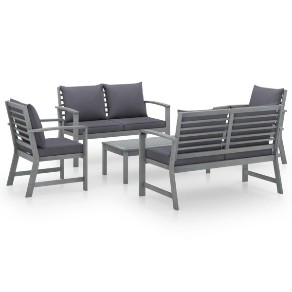 Muebles de jardín 5 pzas cojines gris madera maciza de acacia Muebles de jardín 5 pzas cojines gris madera maciza de acacia