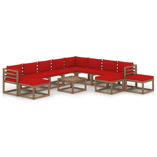 Juego de muebles de jardín 12 piezas con cojines rojo Juego de muebles de jardín 12 piezas con cojines rojo