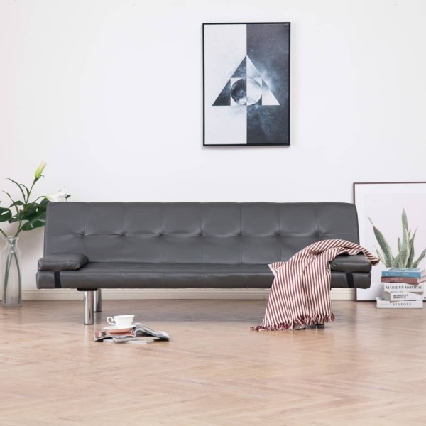 Sofá cama con dos almohadas de cuero sintético gris Sofá cama con dos almohadas de cuero sintético gris