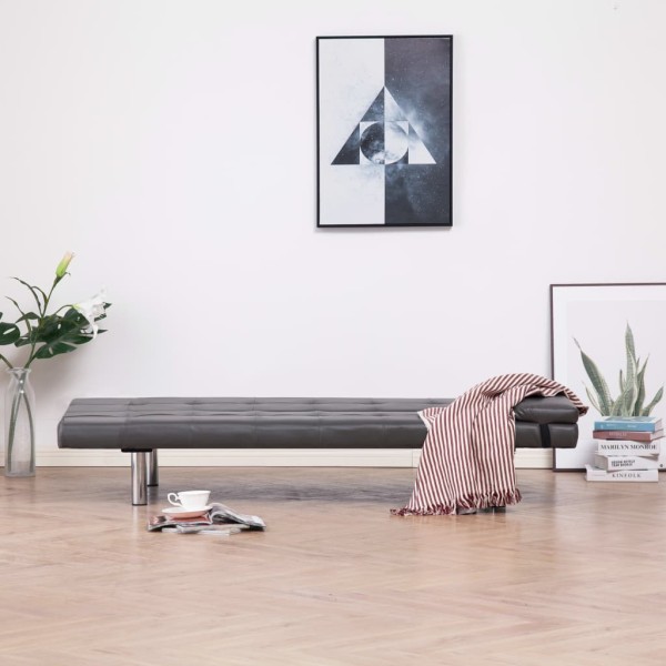 Sofá cama con dos almohadas de cuero sintético gris Sofá cama con dos almohadas de cuero sintético gris