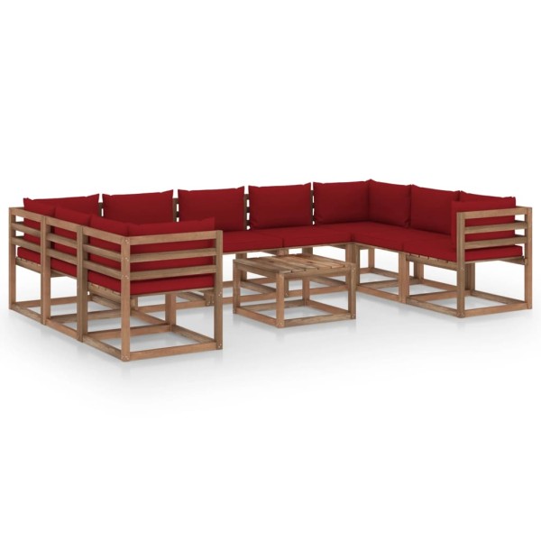 Juego de muebles de jardín 10 piezas con cojines rojo tinto Juego de muebles de jardín 10 piezas con cojines rojo tinto