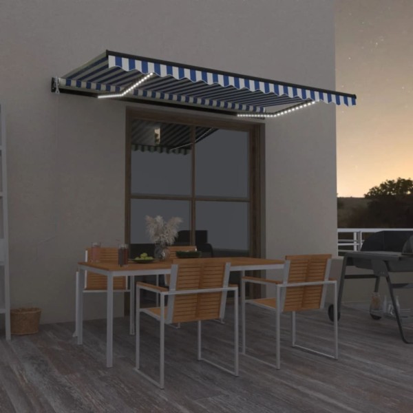 Toldo automático LED sensor de viento azul y blanco 400x350 cm Toldo automático LED sensor de viento azul y blanco 400x350 cm