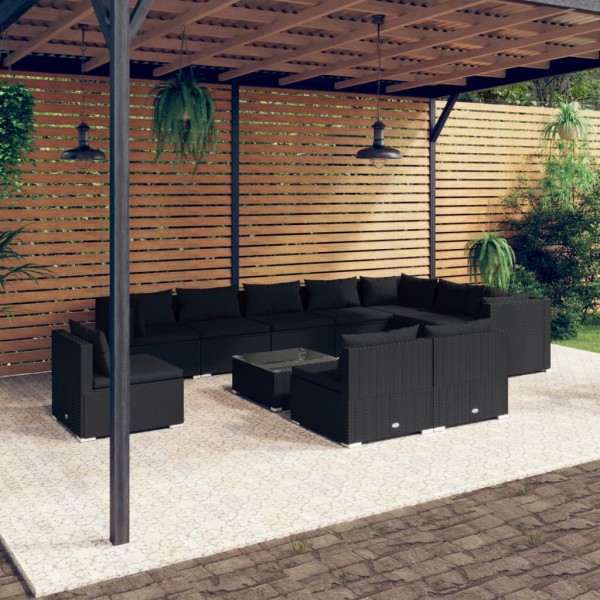 Set de muebles de jardín 11 pzs y cojines ratán sintético negro Set de muebles de jardín 11 pzs y cojines ratán sintético negro