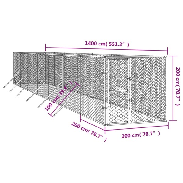 Perrera de exterior acero galvanizado plateado 2x14x2 m Perrera de exterior acero galvanizado plateado 2x14x2 m