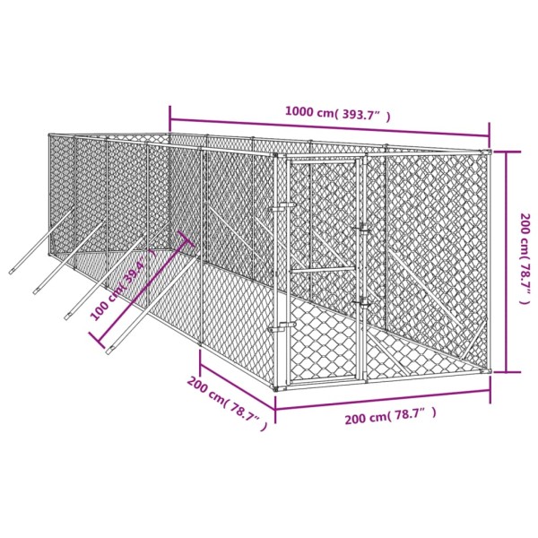 Perrera de exterior acero galvanizado plateado 2x10x2 m Perrera de exterior acero galvanizado plateado 2x10x2 m