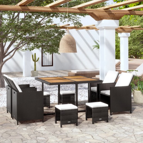 Set comedor de jardín 9 pzas ratán sintético y madera negro Set comedor de jardín 9 pzas ratán sintético y madera negro