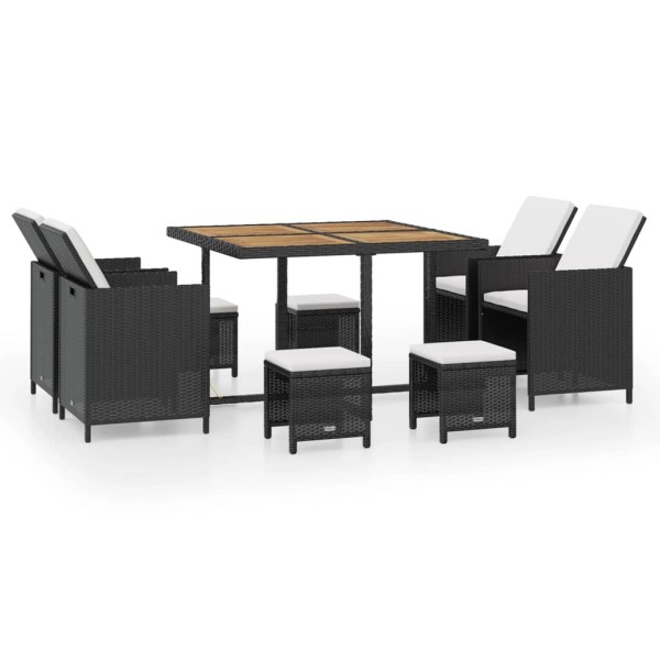Set comedor de jardín 9 pzas ratán sintético y madera negro Set comedor de jardín 9 pzas ratán sintético y madera negro