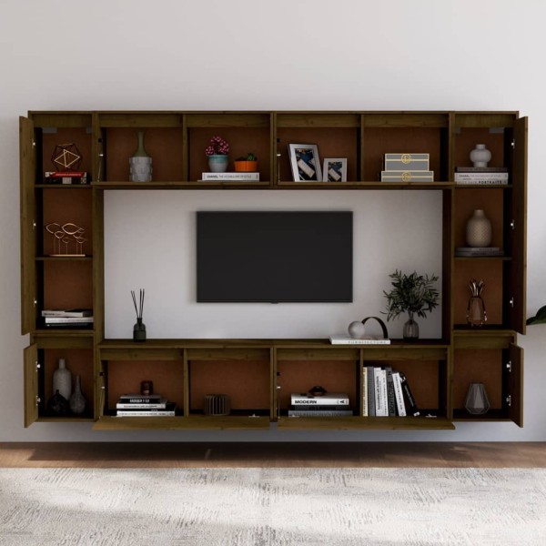 Muebles para TV 8 piezas madera maciza de pino marrón miel