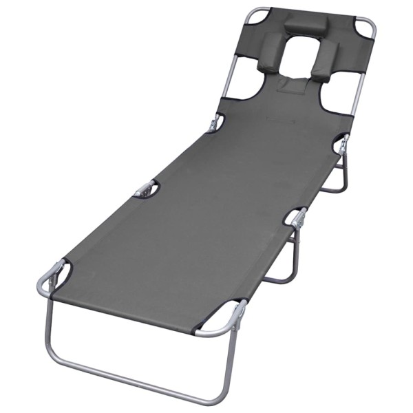Tumbona plegable con cojín de cabeza y respaldo ajustable gris Tumbona plegable con cojín de cabeza y respaldo ajustable gris