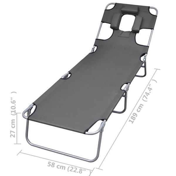 Tumbona plegable con cojín de cabeza y respaldo ajustable gris Tumbona plegable con cojín de cabeza y respaldo ajustable gris