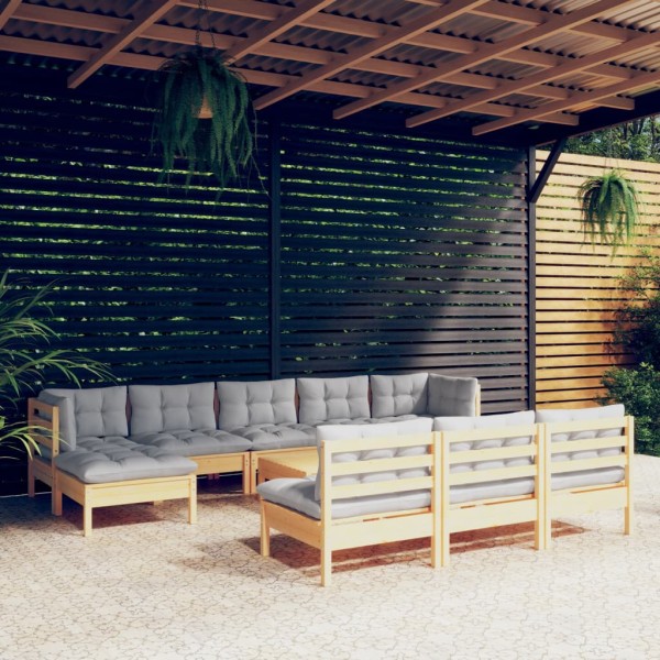 Juego de muebles de jardín 11 pzas y cojines madera pino gris Juego de muebles de jardín 11 pzas y cojines madera pino gris