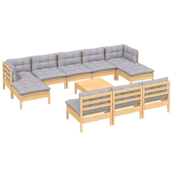 Juego de muebles de jardín 11 pzas y cojines madera pino gris Juego de muebles de jardín 11 pzas y cojines madera pino gris