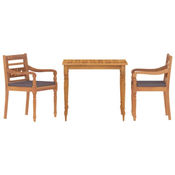 Juego comedor de jardín 3 pzas cojines gris oscuro madera teca Juego comedor de jardín 3 pzas cojines gris oscuro madera teca