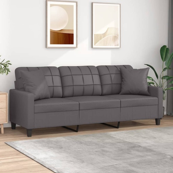 Sofá de 3 plazas con cojines cuero sintético gris 180 cm Sofá de 3 plazas con cojines cuero sintético gris 180 cm