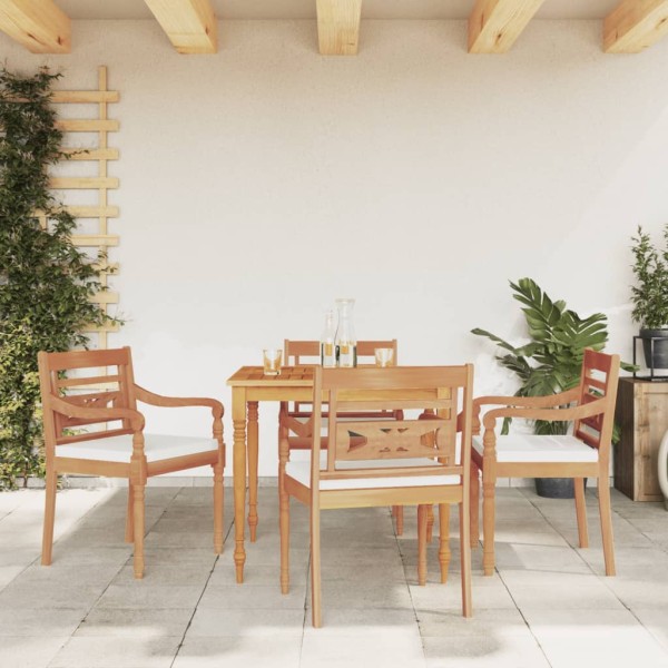 Juego comedor de jardín 5 pzas y cojines blancos madera de teca