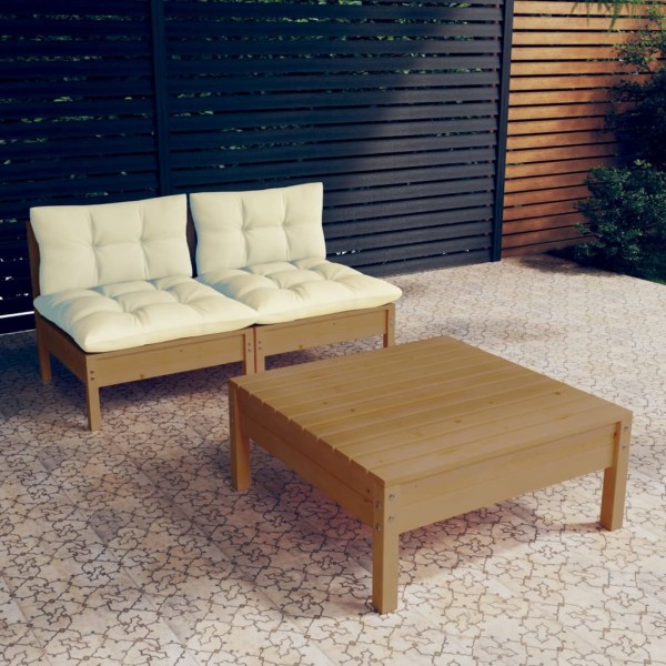 Muebles de jardín 3 piezas cojines madera de pino crema