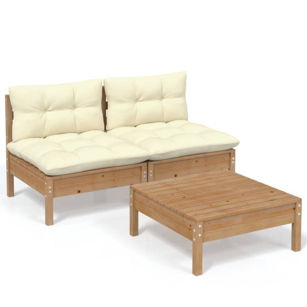 Muebles de jardín 3 piezas cojines madera de pino crema