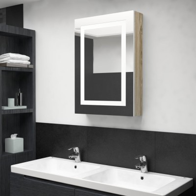 Armario de baño con espejo y LED blanco y roble 50x13x70 cm Armario de baño con espejo y LED blanco y roble 50x13x70 cm
