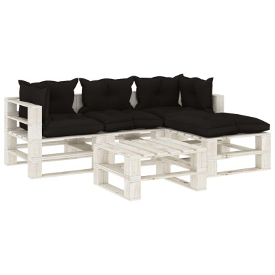 Set muebles de palets de jardín 5 pzas madera cojines negros Set muebles de palets de jardín 5 pzas madera cojines negros