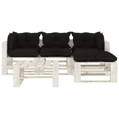 Set muebles de palets de jardín 5 pzas madera cojines negros Set muebles de palets de jardín 5 pzas madera cojines negros