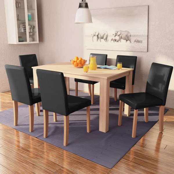 Conjunto de comedor 7 piezas de roble y cuero artificial negro Conjunto de comedor 7 piezas de roble y cuero artificial negro