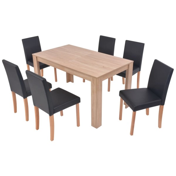 Conjunto de comedor 7 piezas de roble y cuero artificial negro Conjunto de comedor 7 piezas de roble y cuero artificial negro