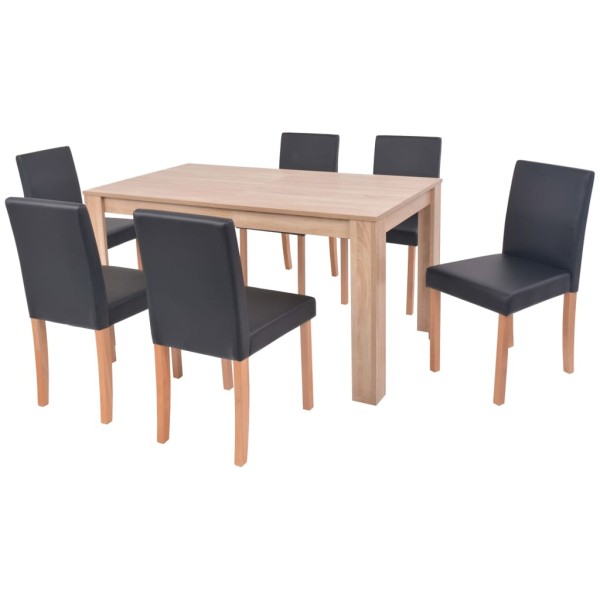 Conjunto de comedor 7 piezas de roble y cuero artificial negro Conjunto de comedor 7 piezas de roble y cuero artificial negro